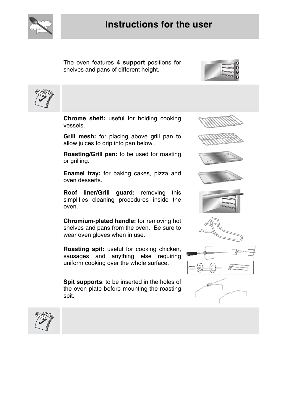 Available accessories, Instructions for the user, Some models do not feature all accessories | Chrome shelf: useful for holding cooking vessels | Smeg SA704X-5 User Manual | Page 17 / 28