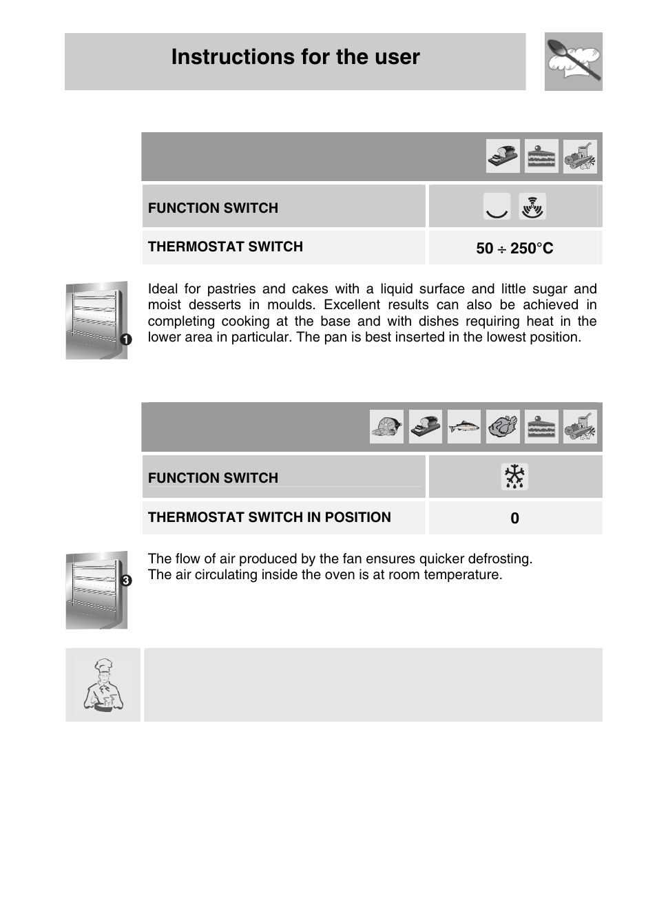 5 delicate cooking (in some models only), 6 defrosting (multifunction models), Instructions for the user | Function switch, Thermostat switch, Thermostat switch in position | Smeg SA704X-5 User Manual | Page 20 / 28