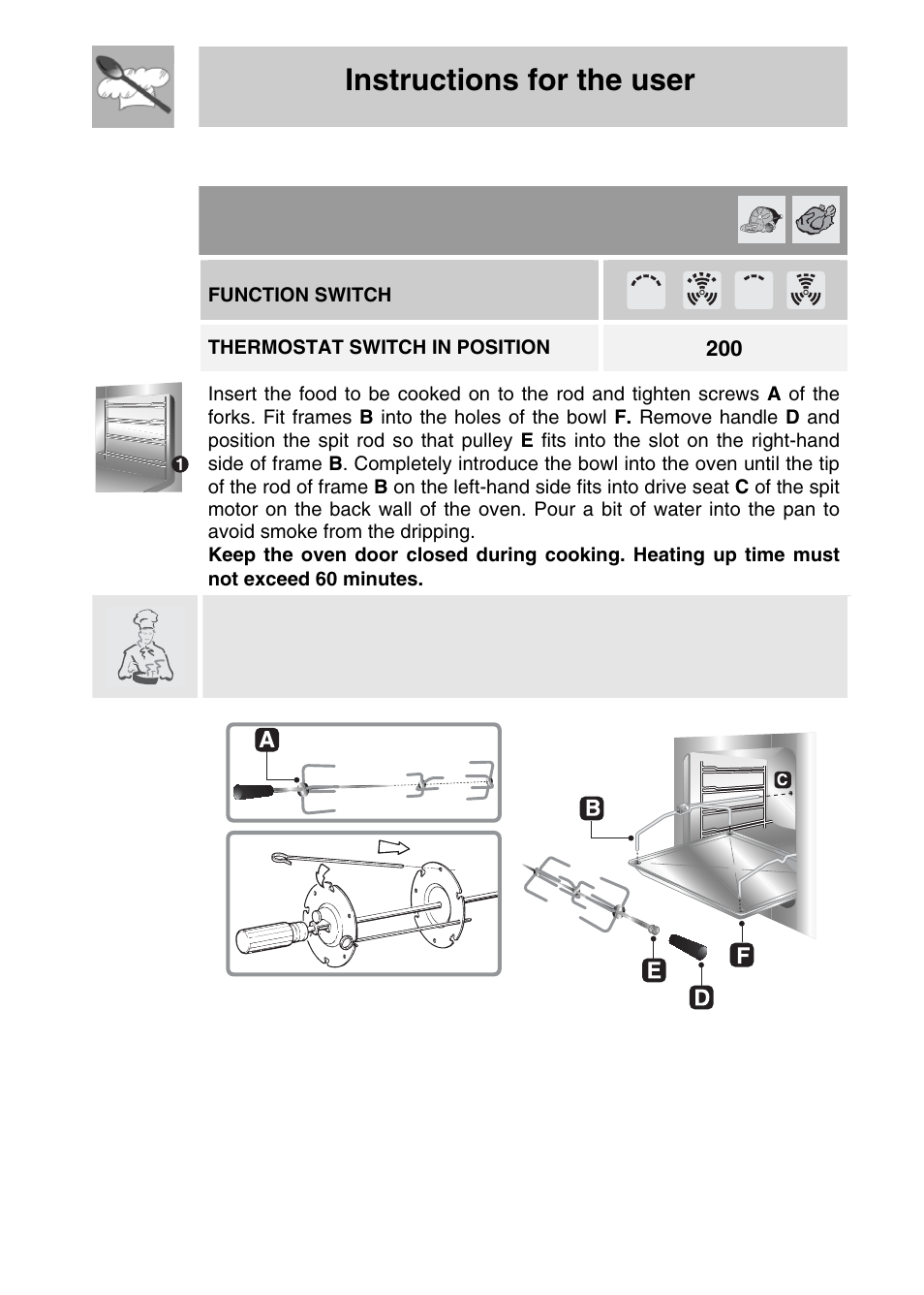 7 spit roasting, Instructions for the user, Function switch | Thermostat switch in position | Smeg SA704X-5 User Manual | Page 21 / 28