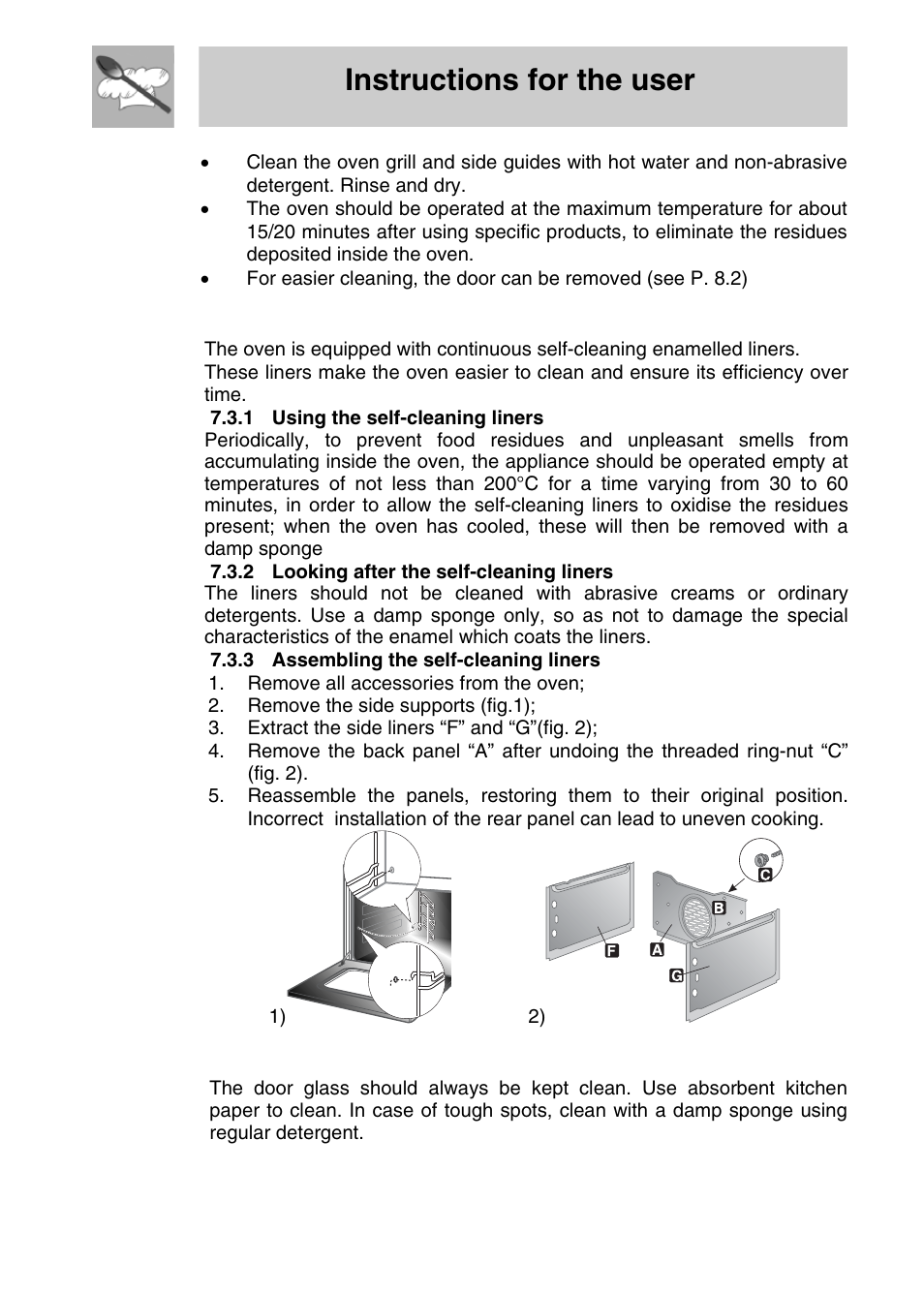 3 self-cleaning liners (only on some models), Using the self-cleaning liners, 2 looking after the self-cleaning liners | 3 assembling the self-cleaning liners, 4 door glass, Instructions for the user | Smeg SA704X-5 User Manual | Page 25 / 28