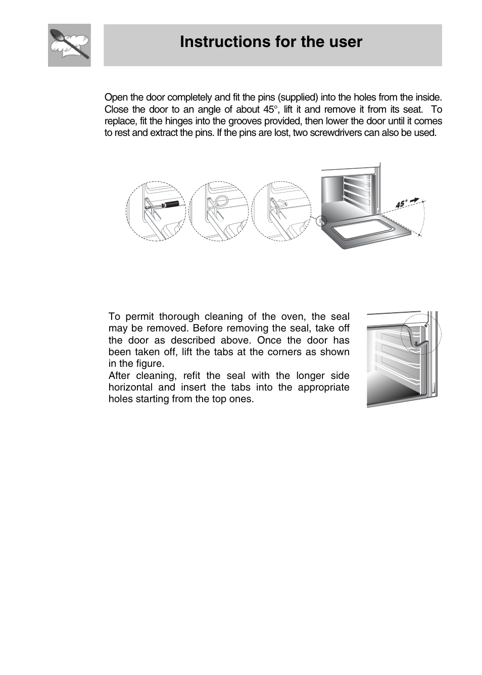 Removing the door, 3 oven door seal, Instructions for the user | Smeg SA704X-5 User Manual | Page 27 / 28