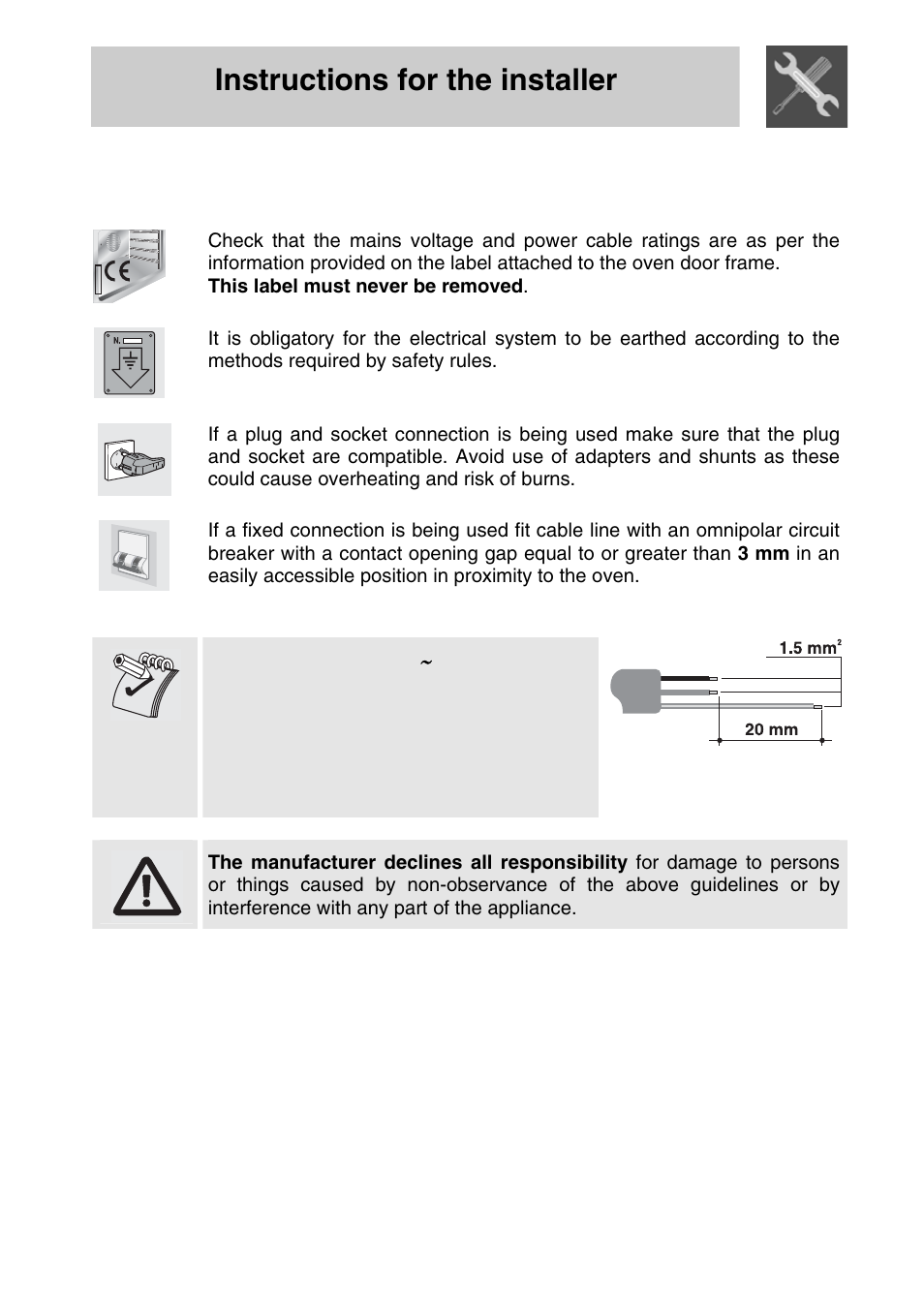 Installation, 1 electrical connection, Instructions for the installer | Smeg SA704X-5 User Manual | Page 4 / 28