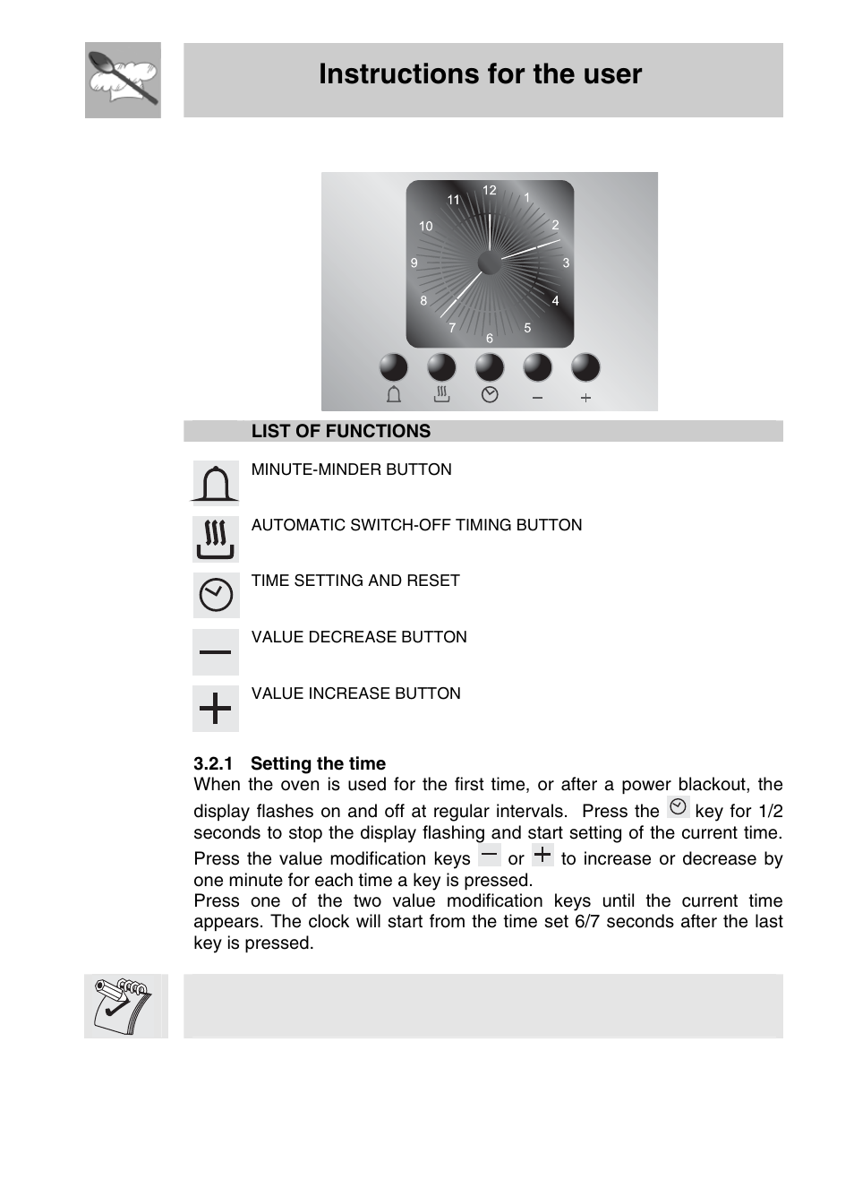 2 electronic analogue clock, 1 setting the time, Instructions for the user | List of functions | Smeg SA704X-5 User Manual | Page 9 / 28