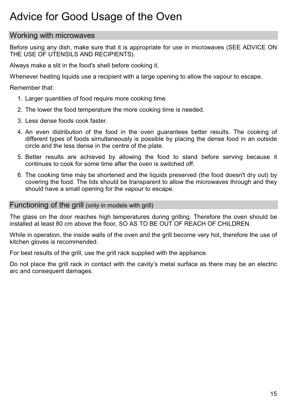 Advice for good usage of the oven, Working with microwaves, Functioning of the grill | Smeg ME200B User Manual | Page 14 / 21