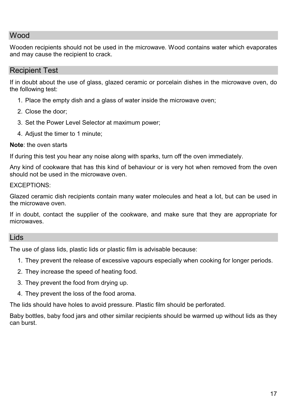 Wood, Recipient test, Lids | Smeg ME200B User Manual | Page 16 / 21