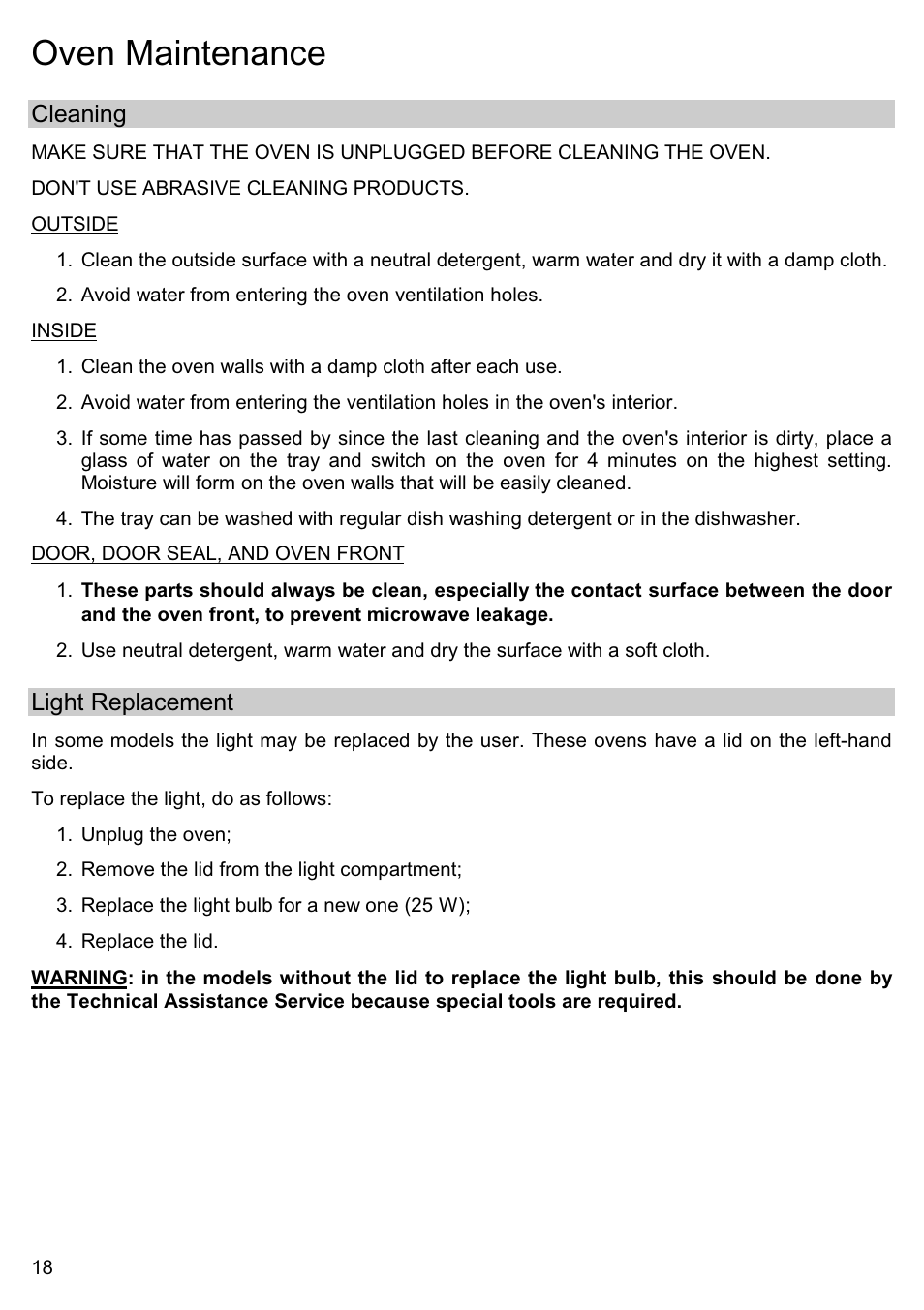 Oven maintenance, Cleaning, Light replacement | Smeg ME200B User Manual | Page 17 / 21