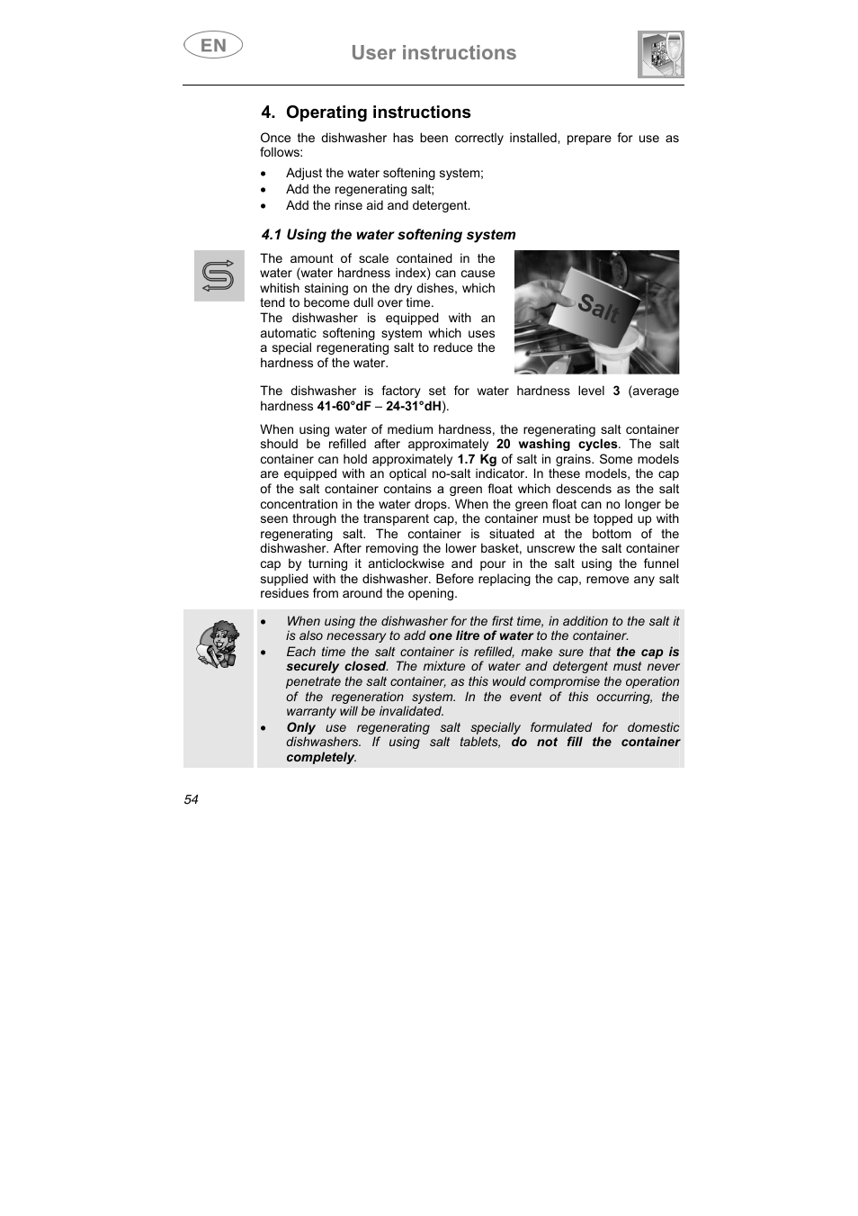 User instructions, Operating instructions, 1 using the water softening system | Smeg ST0904 User Manual | Page 19 / 36