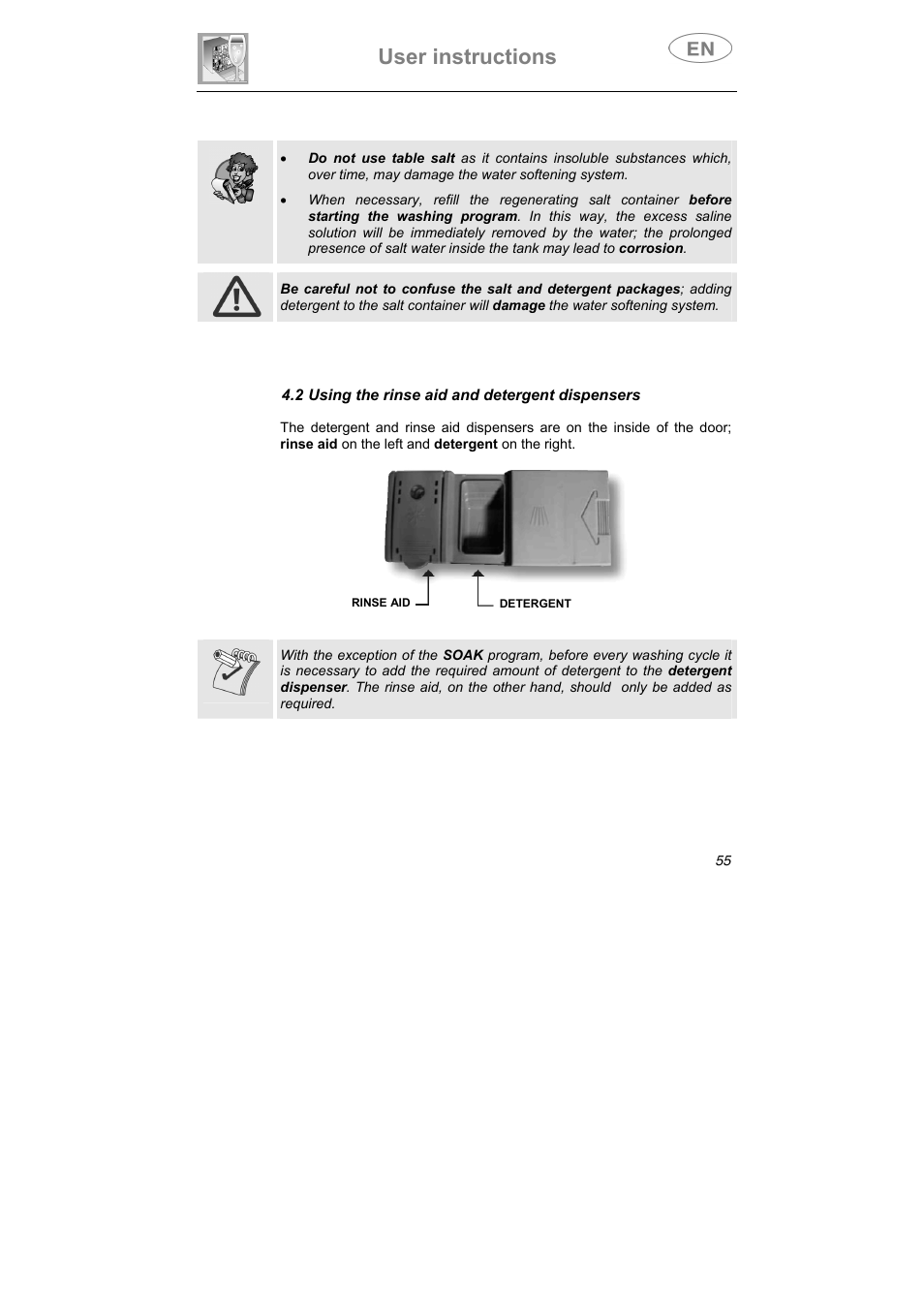 User instructions, 2 using the rinse aid and detergent dispensers | Smeg ST0904 User Manual | Page 20 / 36