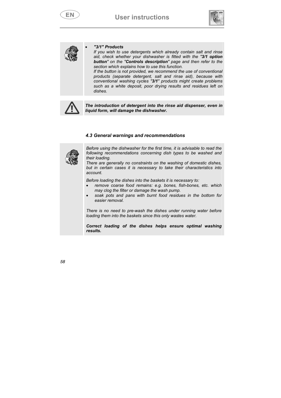 User instructions, 3 general warnings and recommendations | Smeg ST0904 User Manual | Page 23 / 36