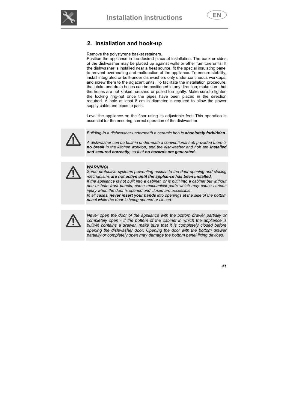 Installation instructions, Installation and hook-up | Smeg ST0904 User Manual | Page 6 / 36