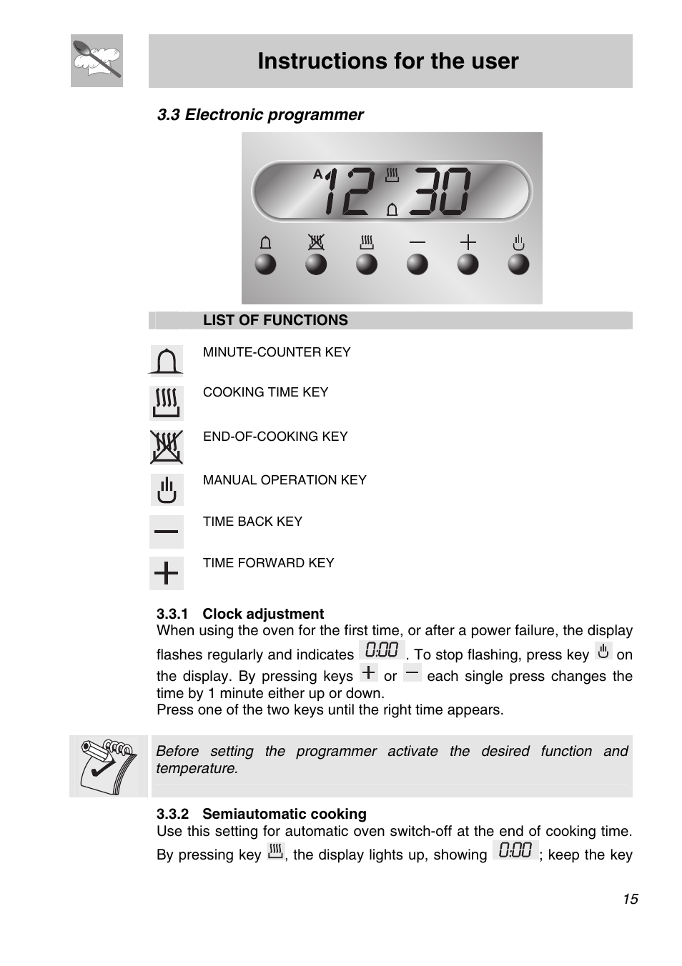 3 electronic programmer, 1 clock adjustment, 2 semiautomatic cooking | Instructions for the user | Smeg SA301W-5 User Manual | Page 13 / 28