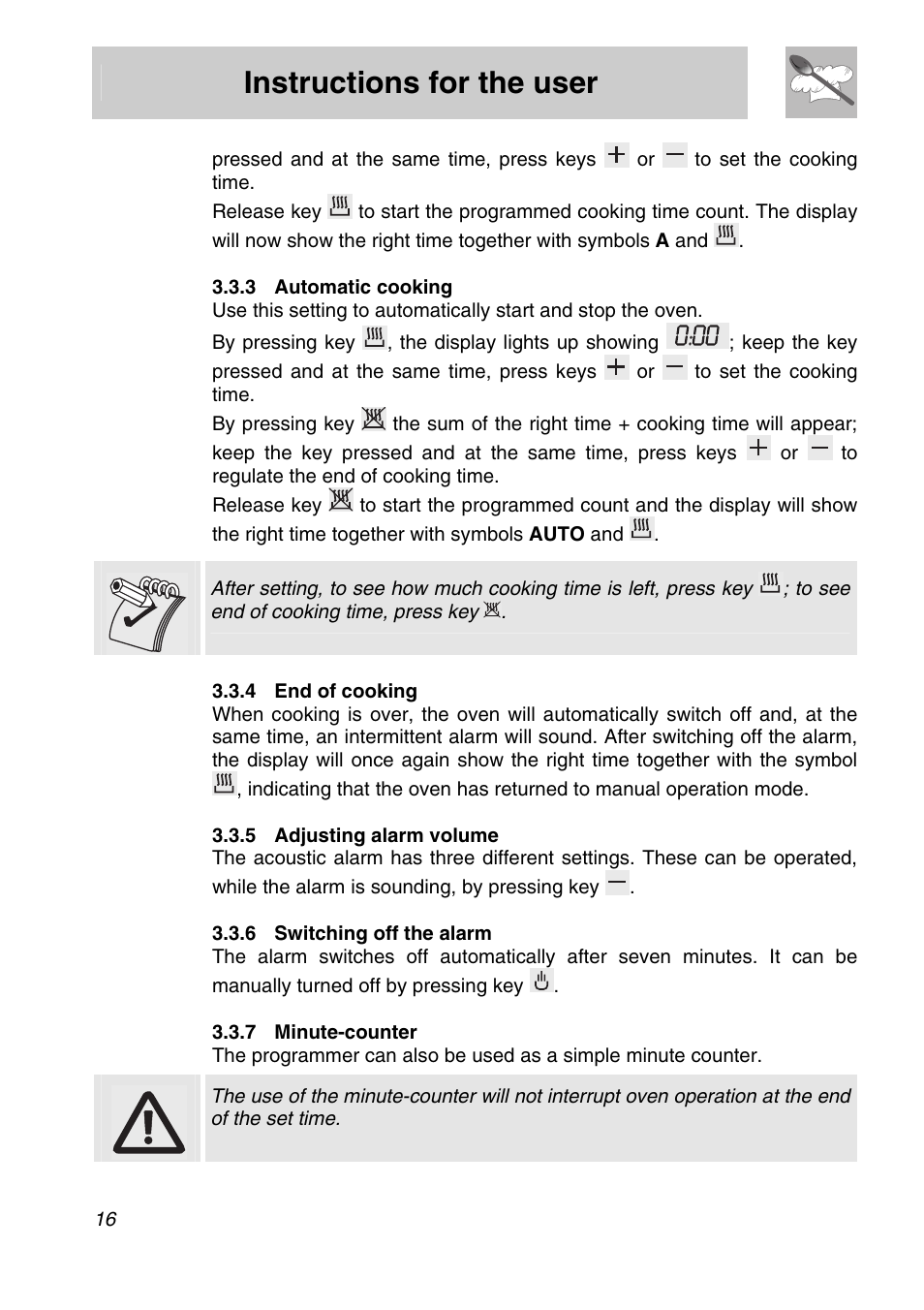 3 automatic cooking, 4 end of cooking, 5 adjusting alarm volume | 6 switching off the alarm, 7 minute-counter, Instructions for the user | Smeg SA301W-5 User Manual | Page 14 / 28