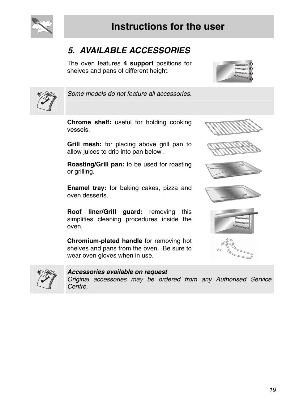 Available accessories, Instructions for the user | Smeg SA301W-5 User Manual | Page 17 / 28
