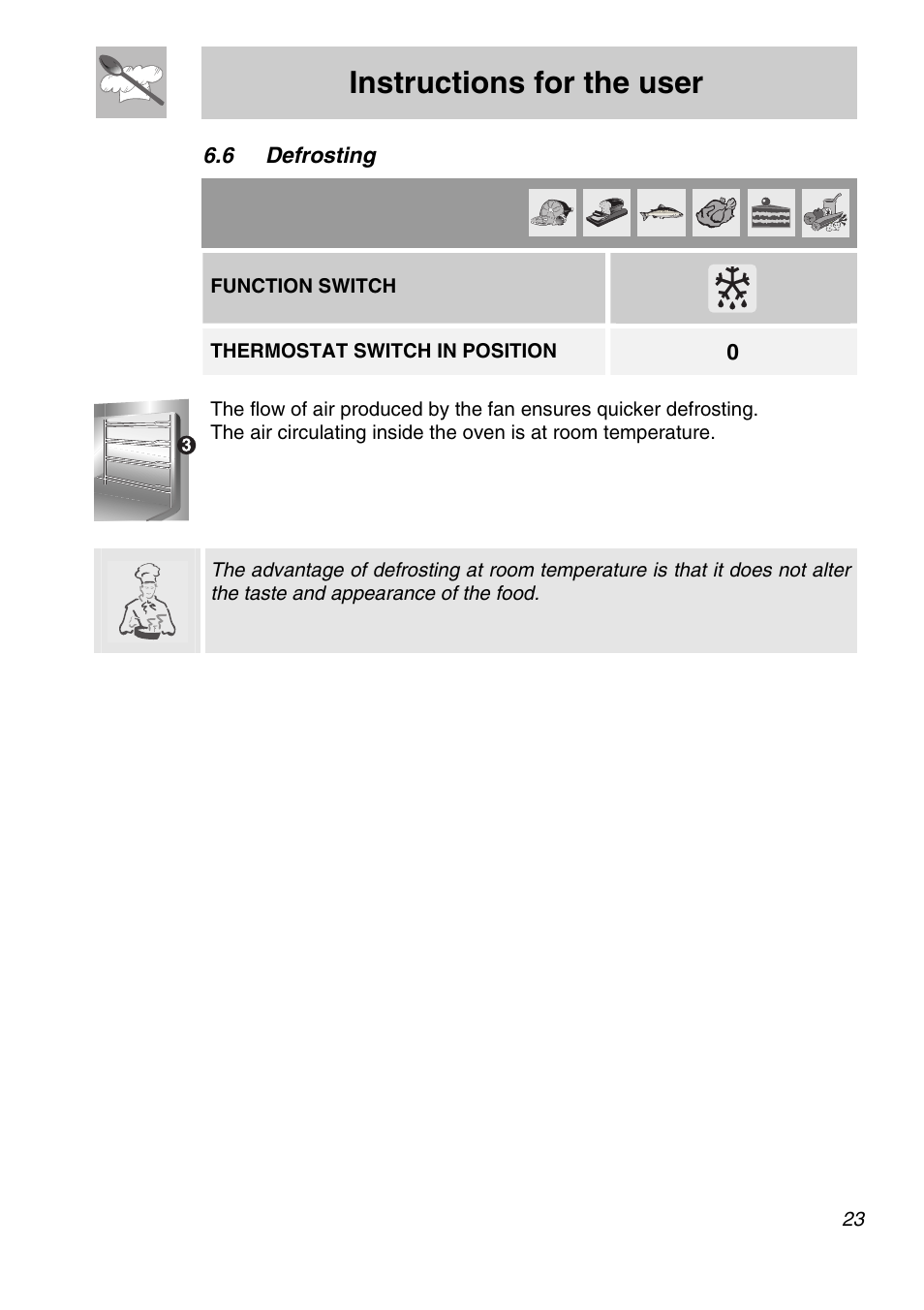 Defrosting, Instructions for the user, 6 defrosting | Function switch, Thermostat switch in position | Smeg SA301W-5 User Manual | Page 21 / 28