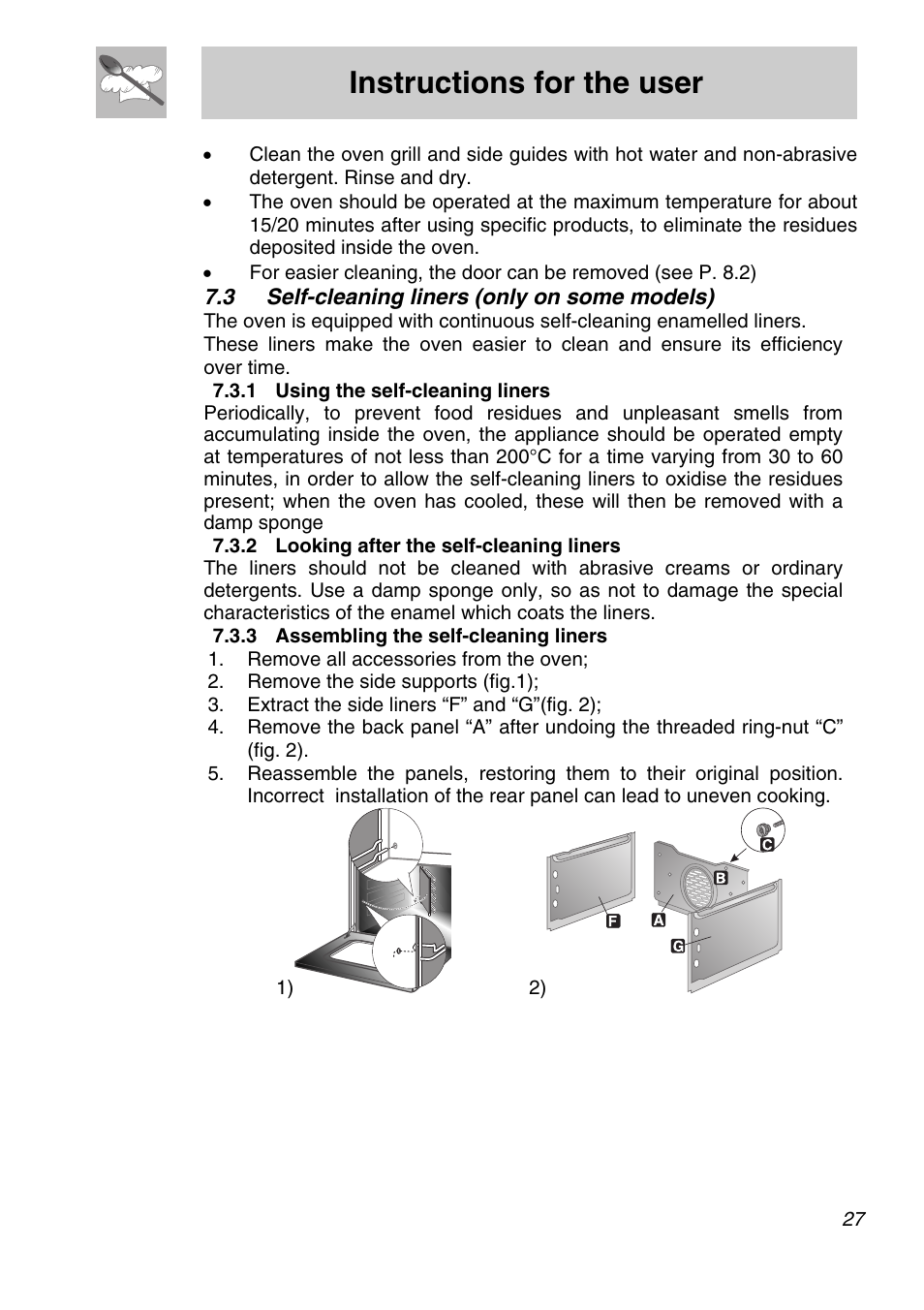 3 self-cleaning liners (only on some models), Using the self-cleaning liners, 2 looking after the self-cleaning liners | 3 assembling the self-cleaning liners, Instructions for the user | Smeg SA301W-5 User Manual | Page 25 / 28