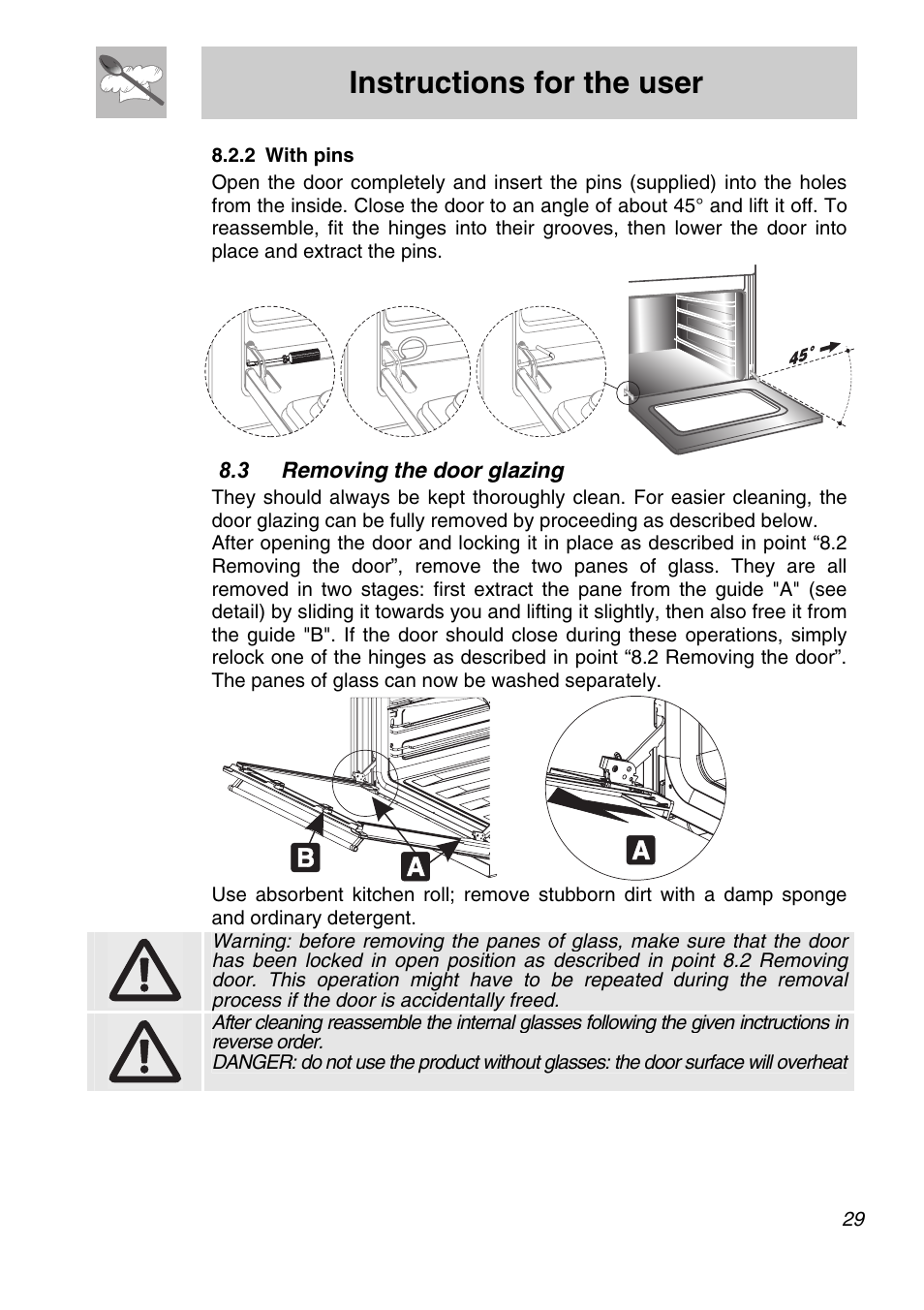 2 with pins, 3 removing the door glazing, Instructions for the user | Smeg SA301W-5 User Manual | Page 27 / 28