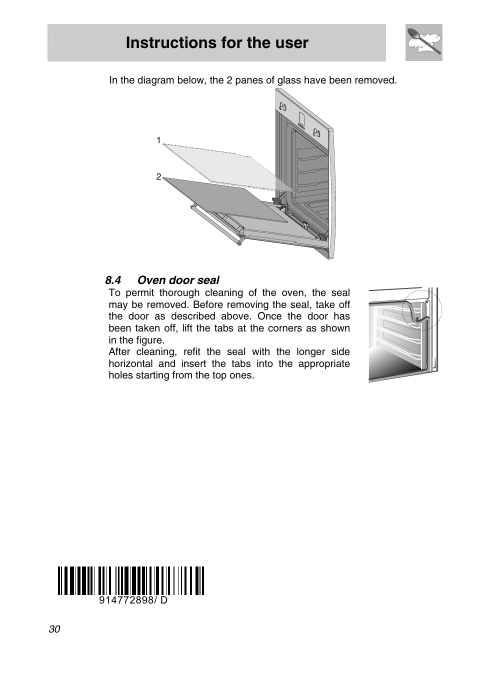 Oven door seal, Instructions for the user | Smeg SA301W-5 User Manual | Page 28 / 28