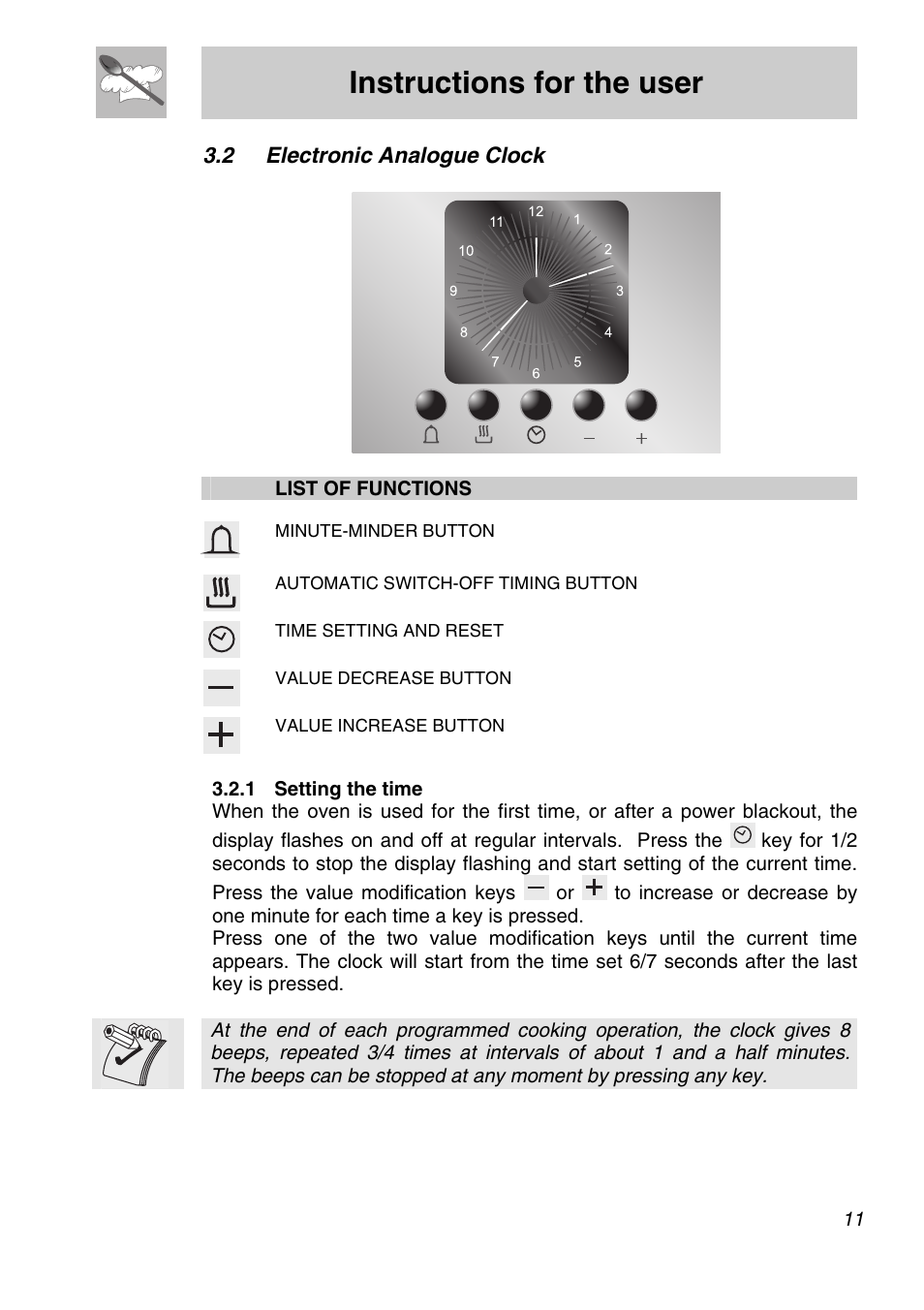 2 electronic analogue clock, 1 setting the time, Instructions for the user | Smeg SA301W-5 User Manual | Page 9 / 28