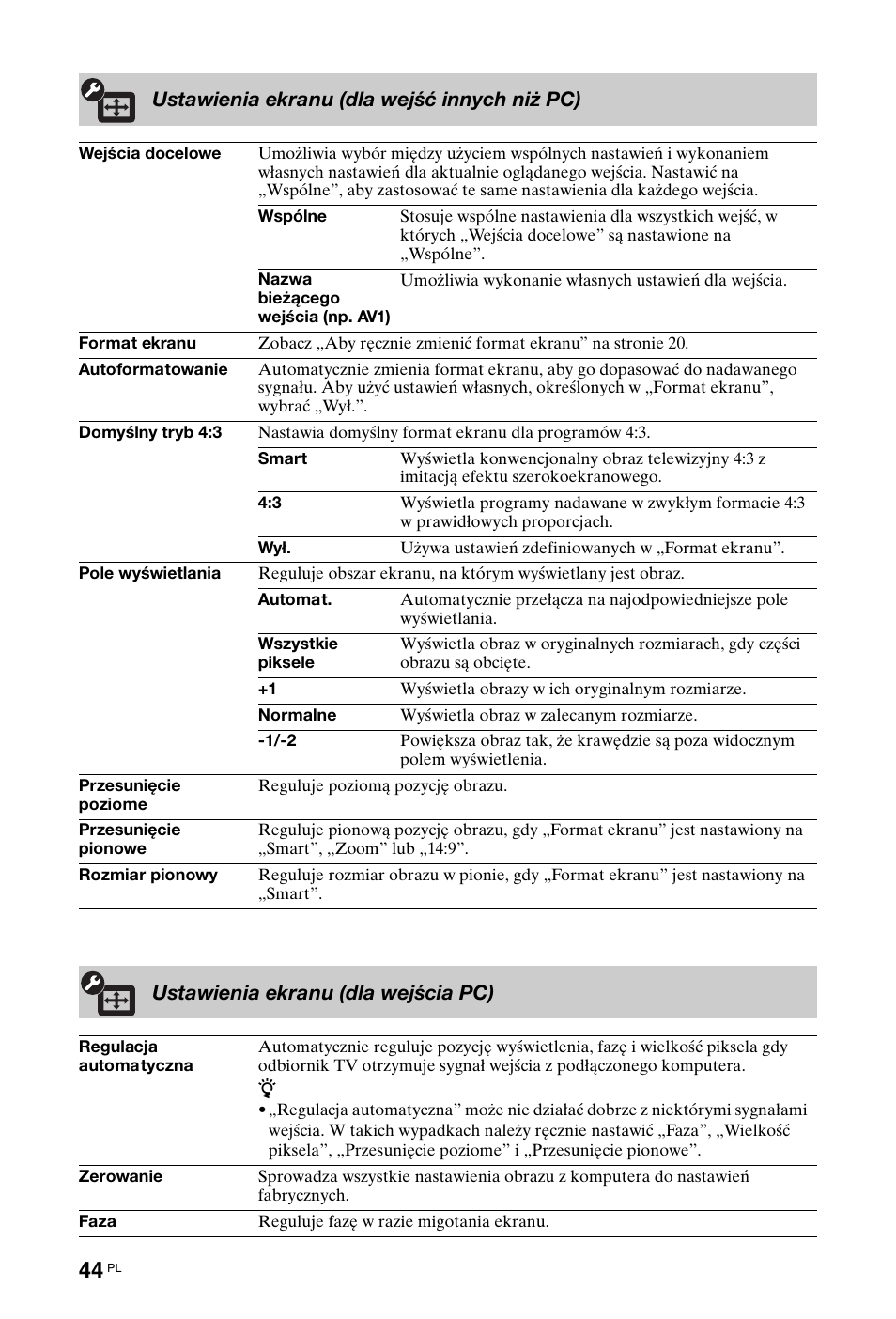 Ustawienia ekranu (dla wejść innych niż pc), Ustawienia ekranu (dla wejścia pc) | Sony KDL-46X4500 User Manual | Page 100 / 188