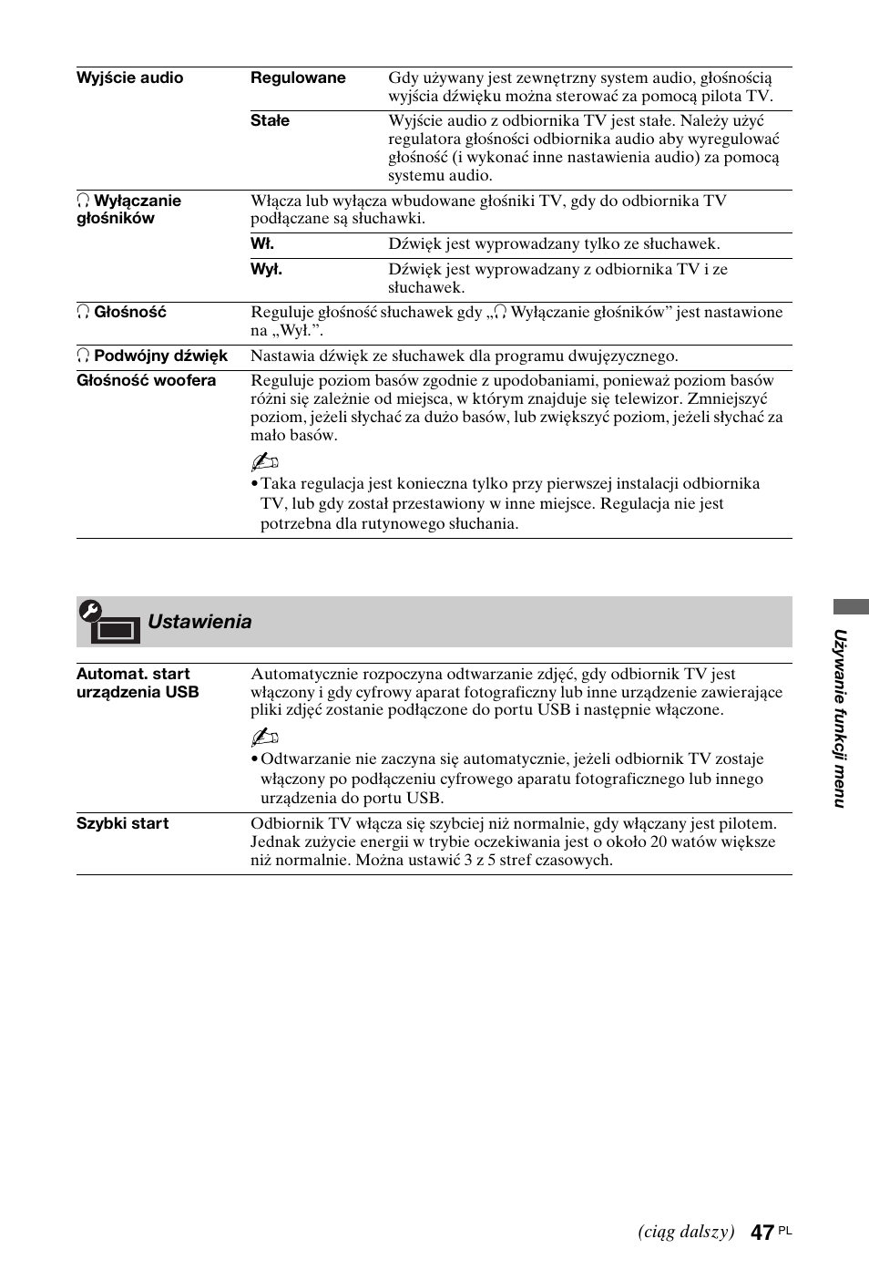 Ustawienia | Sony KDL-46X4500 User Manual | Page 103 / 188
