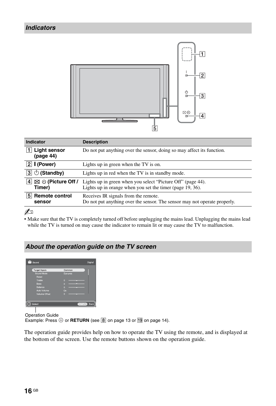 Indicators, About the operation guide on the tv screen | Sony KDL-46X4500 User Manual | Page 16 / 188