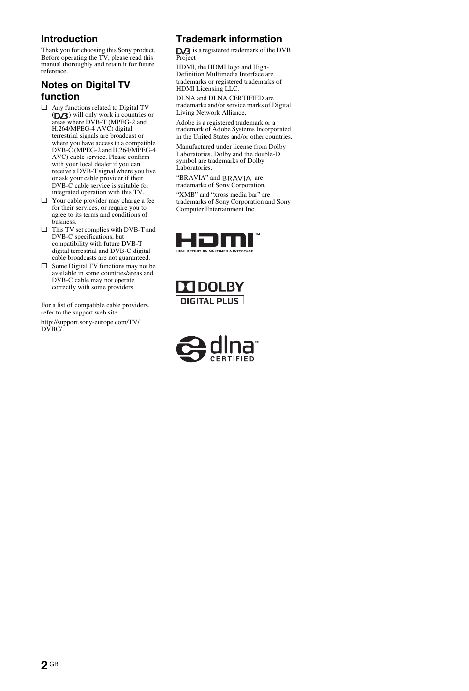 Introduction, Trademark information | Sony KDL-46X4500 User Manual | Page 2 / 188