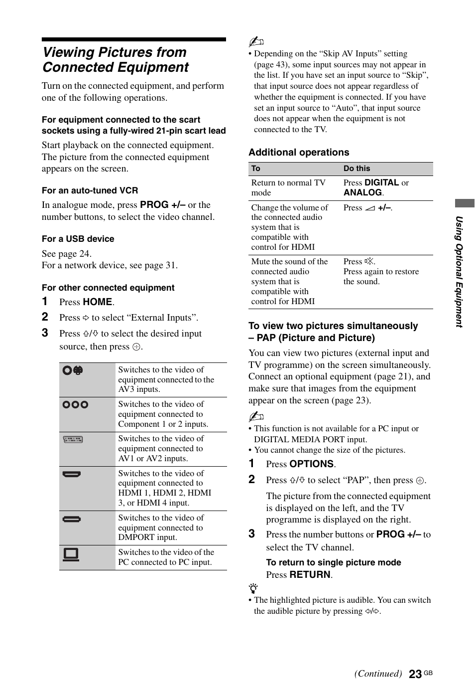 Viewing pictures from connected equipment | Sony KDL-46X4500 User Manual | Page 23 / 188