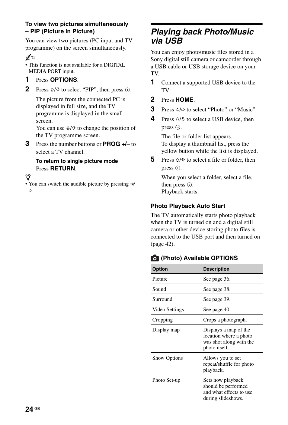 Playing back photo/music via usb | Sony KDL-46X4500 User Manual | Page 24 / 188