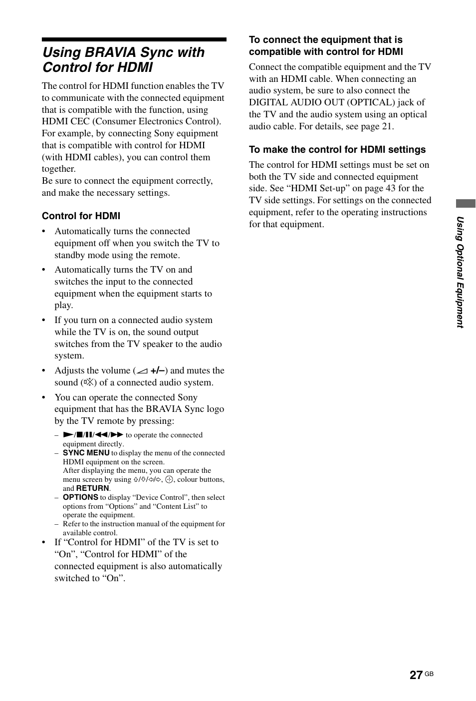 Using bravia sync with control for hdmi | Sony KDL-46X4500 User Manual | Page 27 / 188