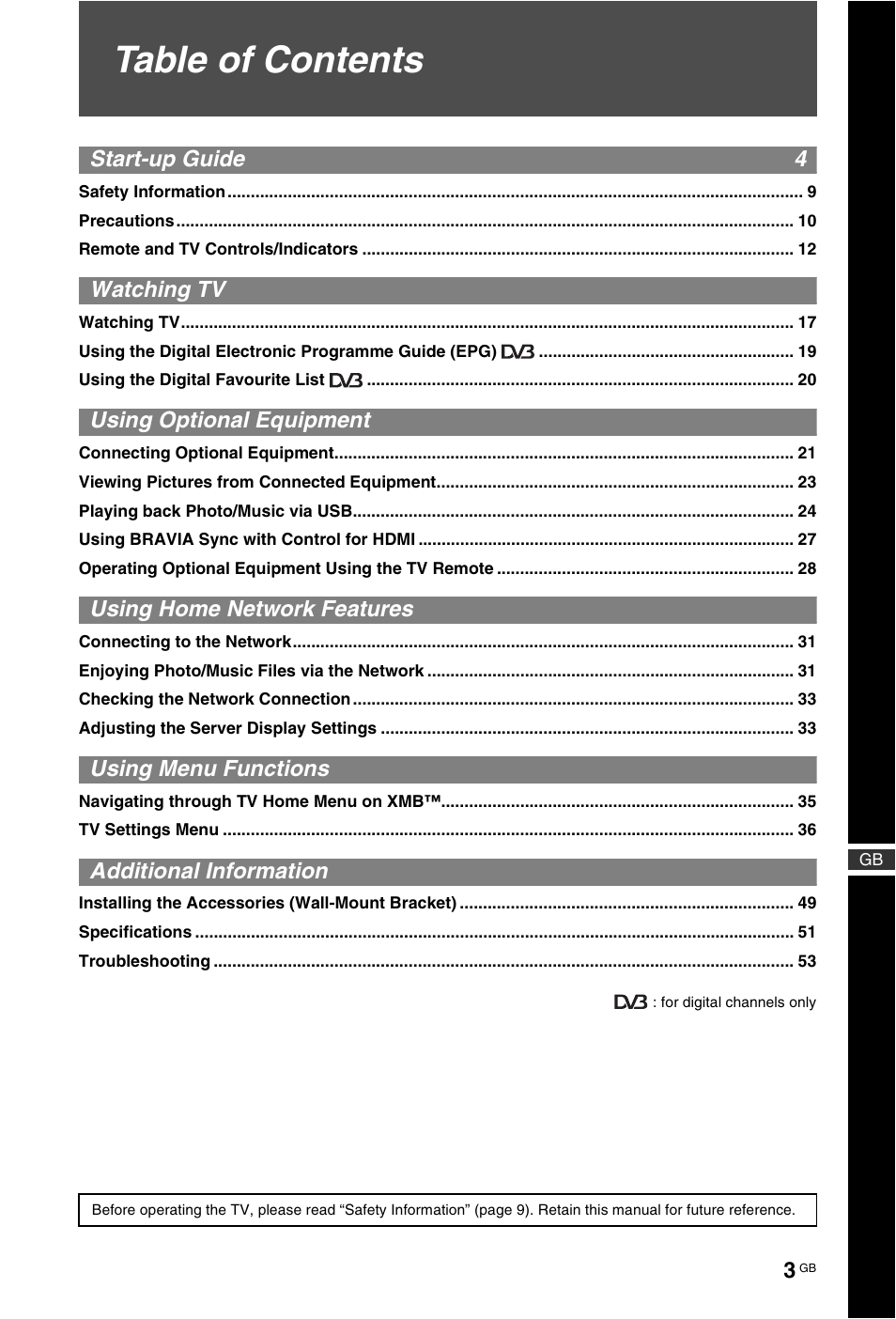 Sony KDL-46X4500 User Manual | Page 3 / 188