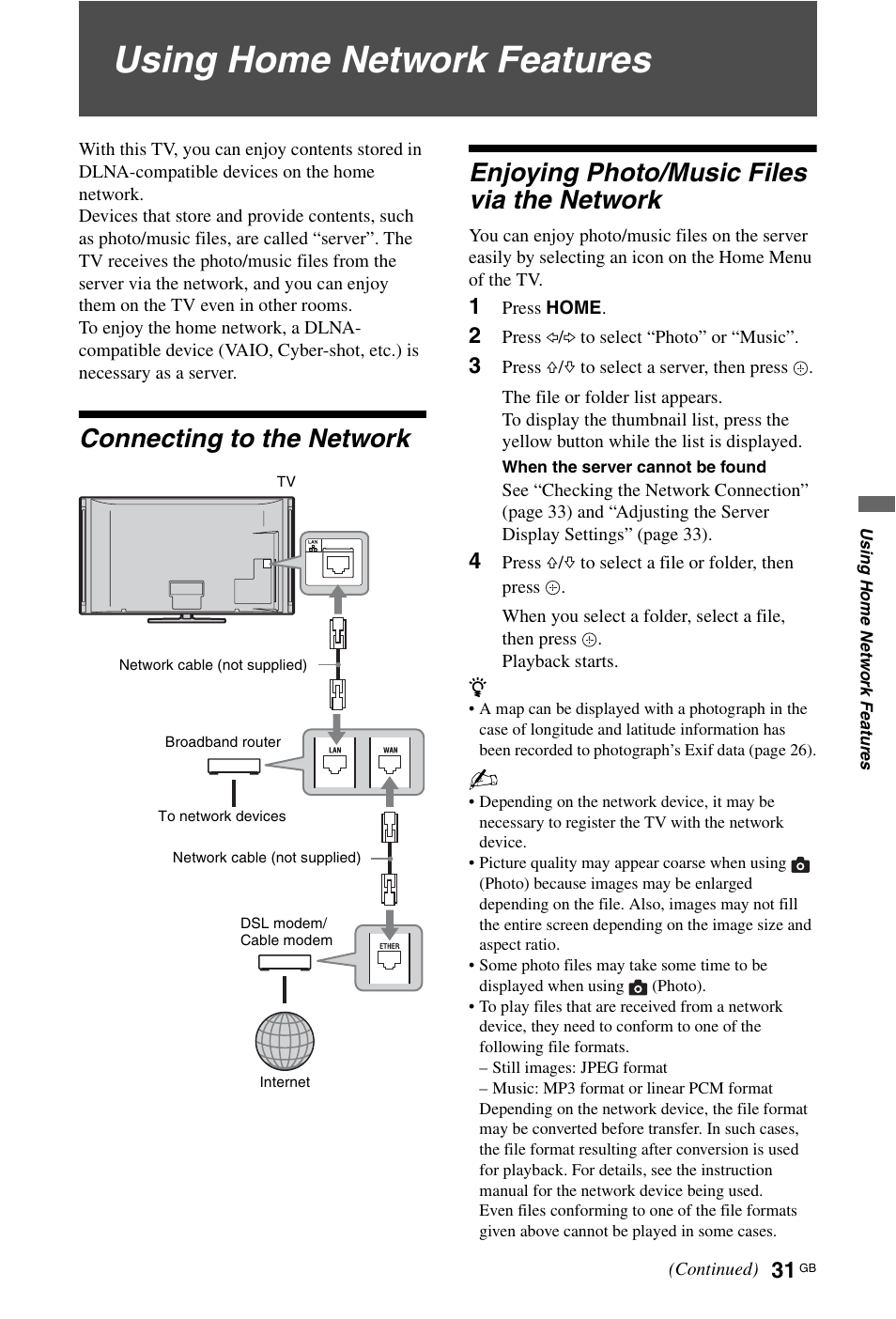 Using home network features, Connecting to the network, Enjoying photo/music files via the network | Sony KDL-46X4500 User Manual | Page 31 / 188