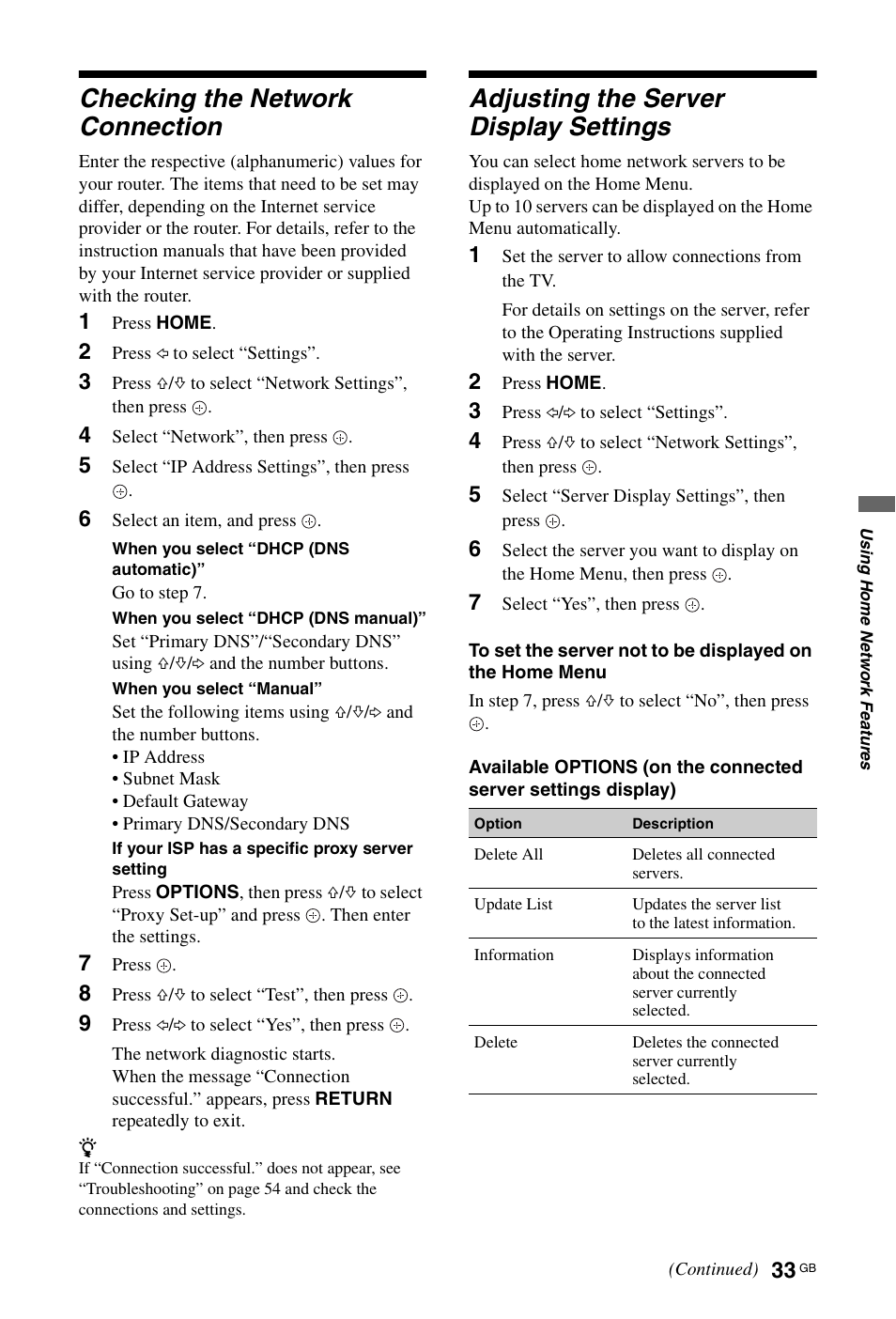 Checking the network connection, Adjusting the server display settings | Sony KDL-46X4500 User Manual | Page 33 / 188