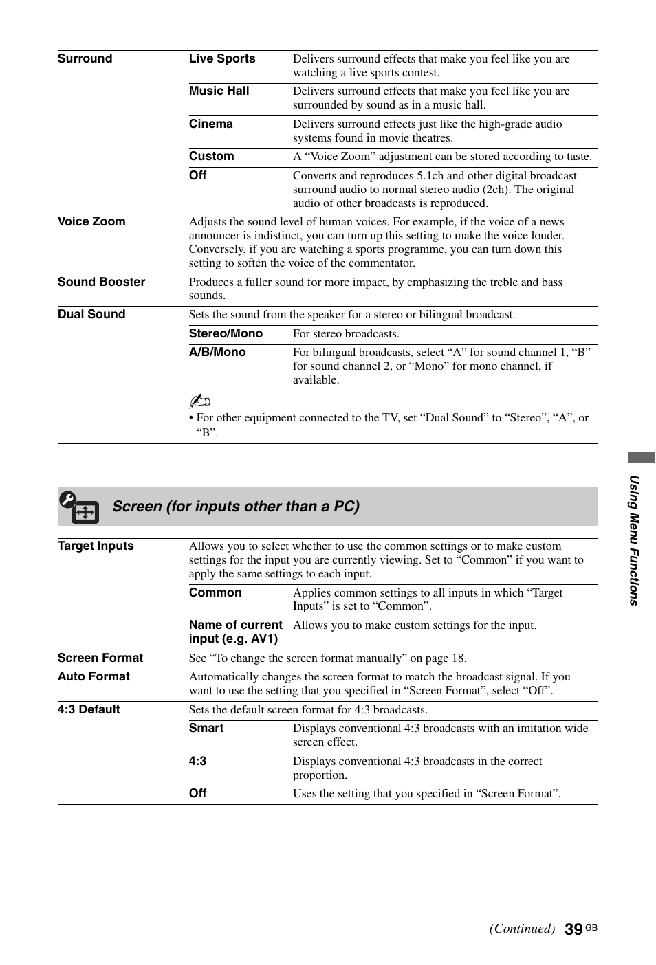 Screen (for inputs other than a pc) | Sony KDL-46X4500 User Manual | Page 39 / 188