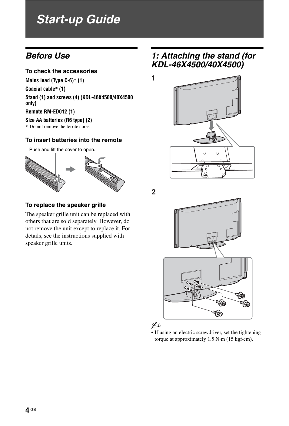 Start-up guide, Before use | Sony KDL-46X4500 User Manual | Page 4 / 188