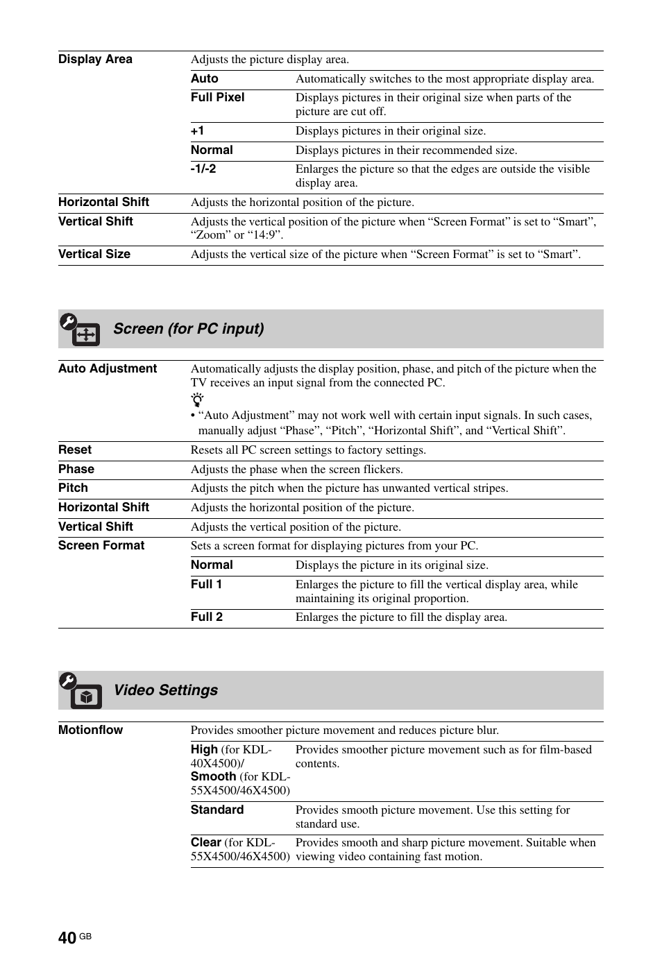 Screen (for pc input), Video settings | Sony KDL-46X4500 User Manual | Page 40 / 188