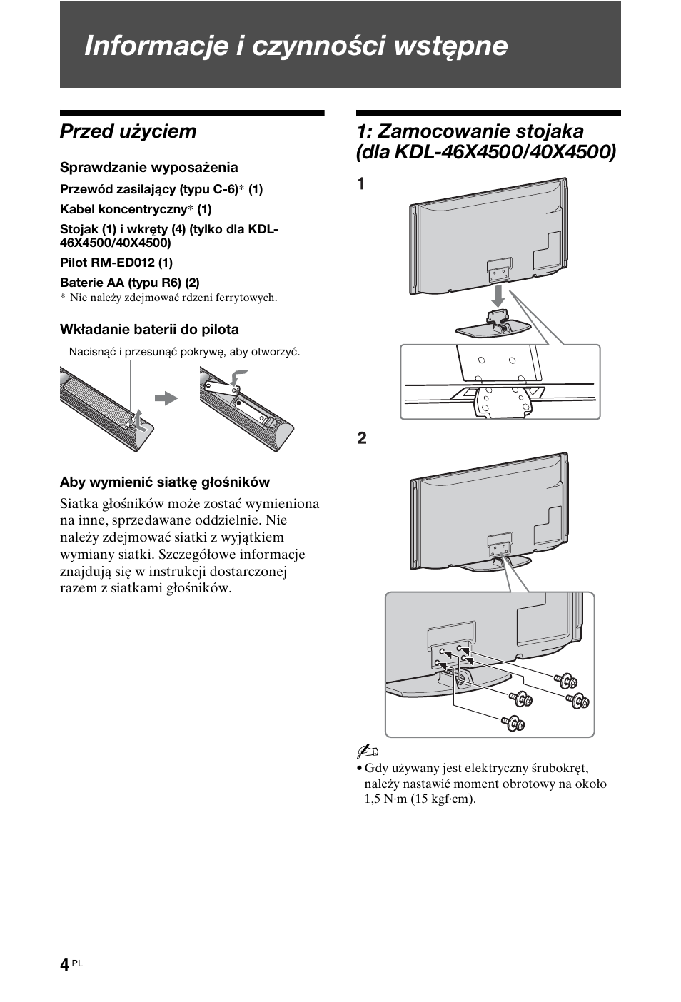 Informacje i czynności wstępne, Przed użyciem | Sony KDL-46X4500 User Manual | Page 60 / 188