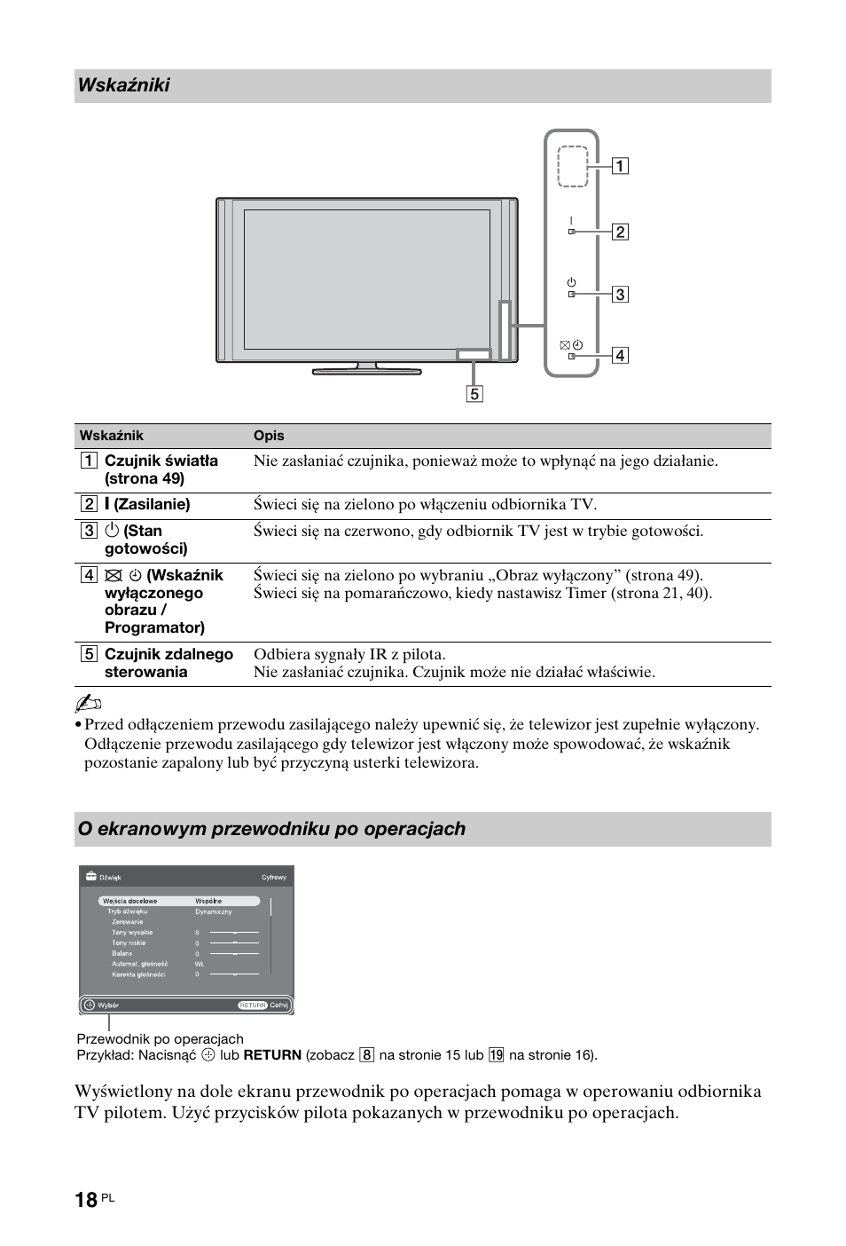 Wskaźniki, O ekranowym przewodniku po operacjach | Sony KDL-46X4500 User Manual | Page 74 / 188