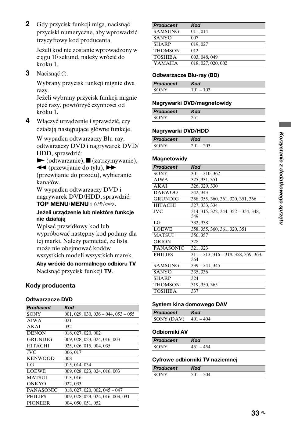 Kody producenta” na | Sony KDL-46X4500 User Manual | Page 89 / 188
