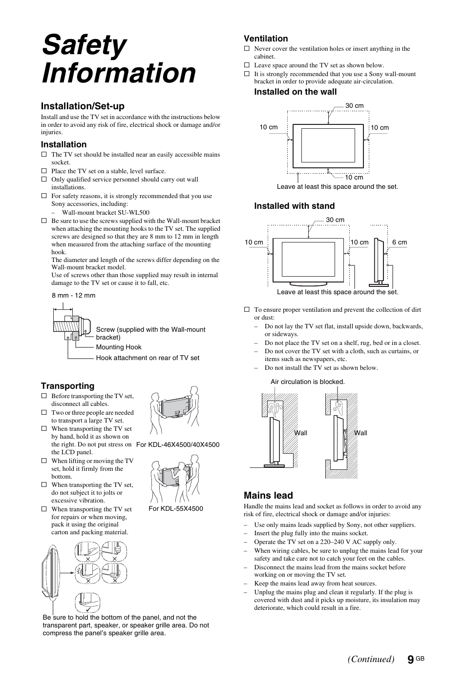 Safety information, Installation/set-up, Mains lead | Continued) | Sony KDL-46X4500 User Manual | Page 9 / 188