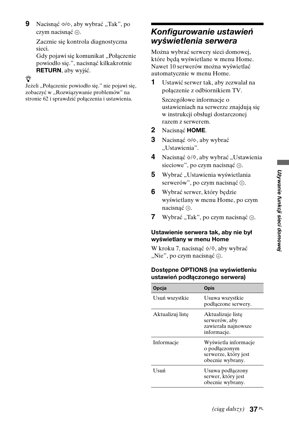 Konfigurowanie ustawień wyświetlenia serwera | Sony KDL-46X4500 User Manual | Page 93 / 188