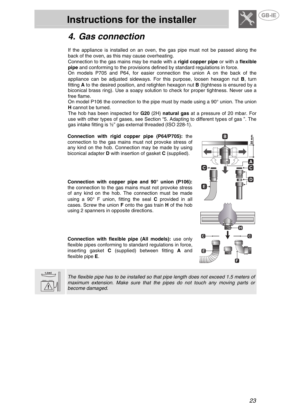 Gas connection, Instructions for the installer | Smeg P705VT User Manual | Page 6 / 14