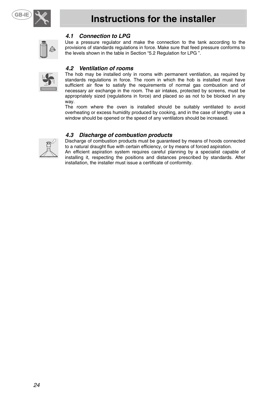 1 connection to lpg, 2 ventilation of rooms, 3 discharge of combustion products | Connection to lpg, Ventilation of rooms, Discharge of combustion products, Instructions for the installer | Smeg P705VT User Manual | Page 7 / 14
