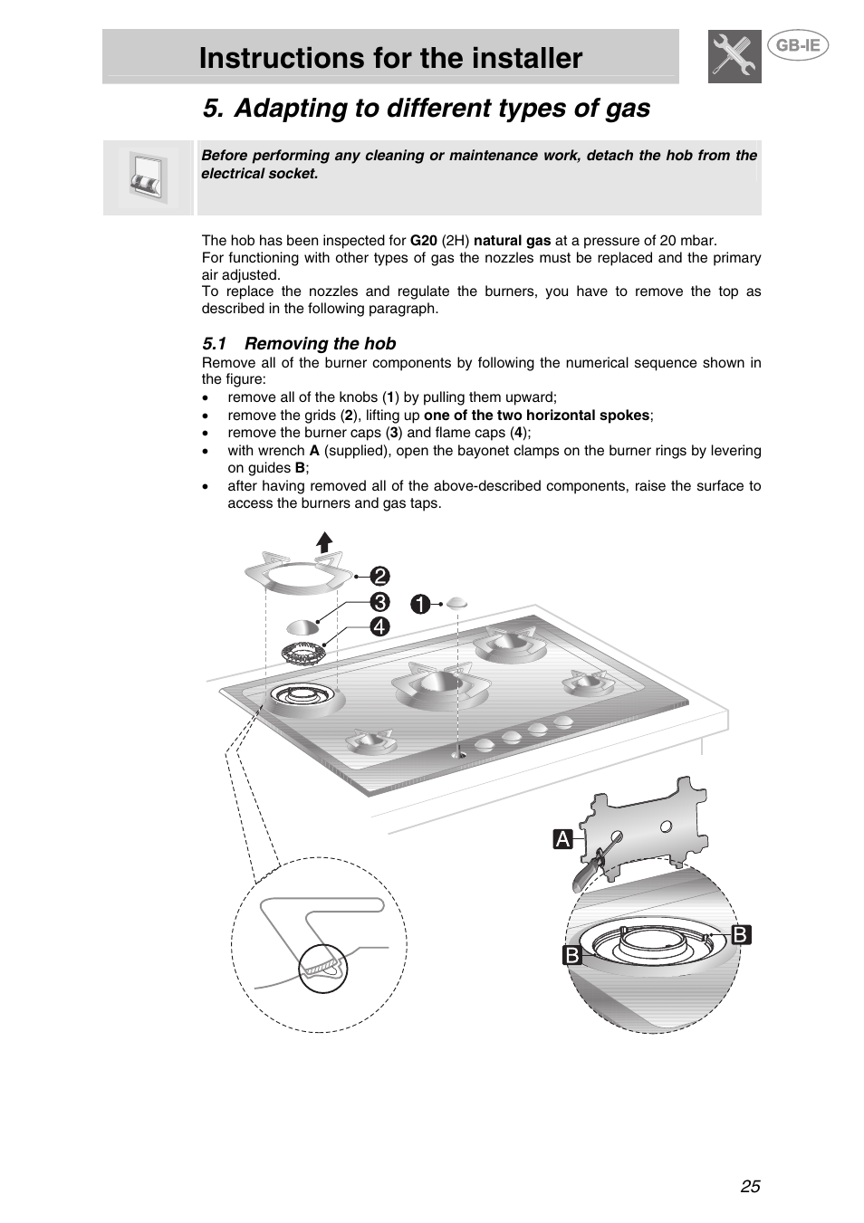 Adapting to different types of gas, 1 removing the hob, Removing the hob | Instructions for the installer | Smeg P705VT User Manual | Page 8 / 14