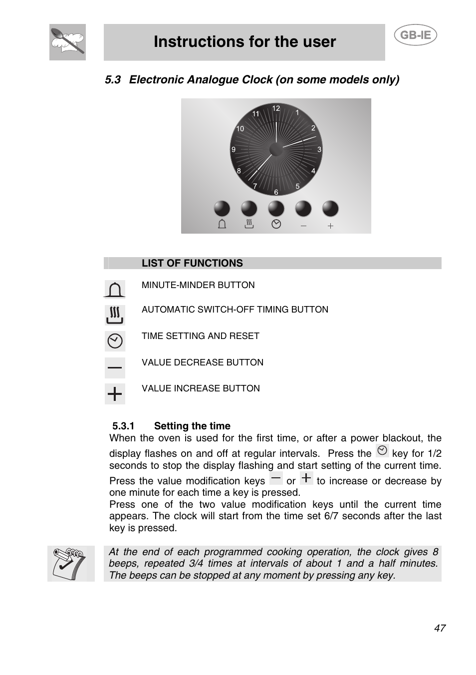 3 electronic analogue clock (on some models only), 1 setting the time, Instructions for the user | Smeg A1-6 User Manual | Page 13 / 31