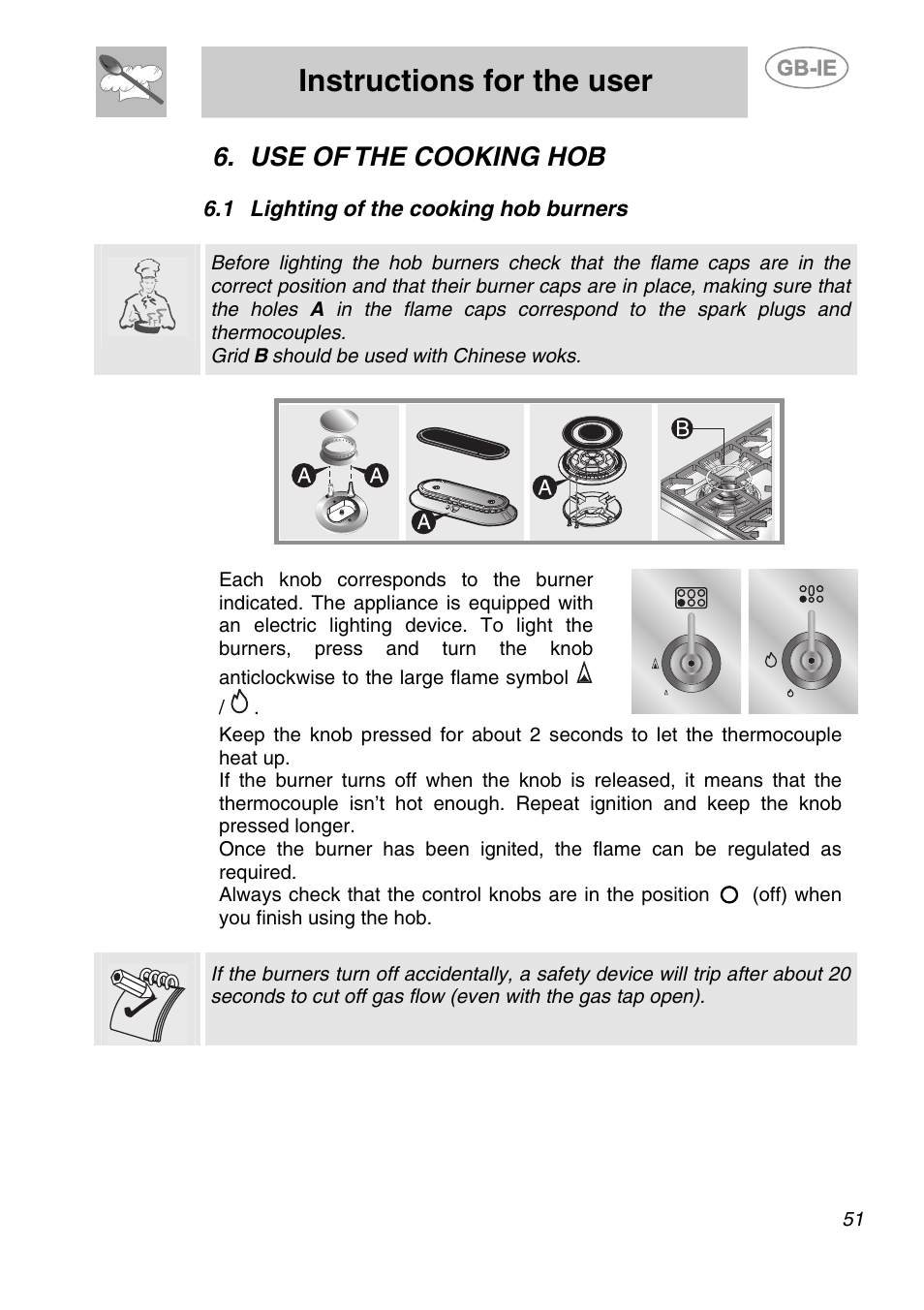 Use of the cooking hob, 1 lighting of the cooking hob burners, Instructions for the user | Smeg A1-6 User Manual | Page 17 / 31