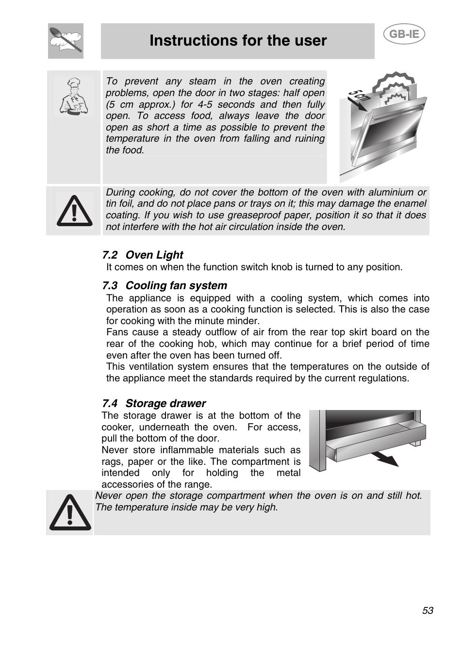 2 oven light, 3 cooling fan system, 4 storage drawer | 5 cm, Instructions for the user | Smeg A1-6 User Manual | Page 19 / 31