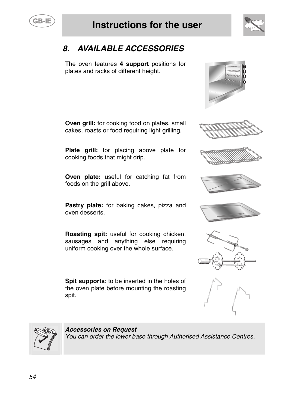 Available accessories, Instructions for the user | Smeg A1-6 User Manual | Page 20 / 31