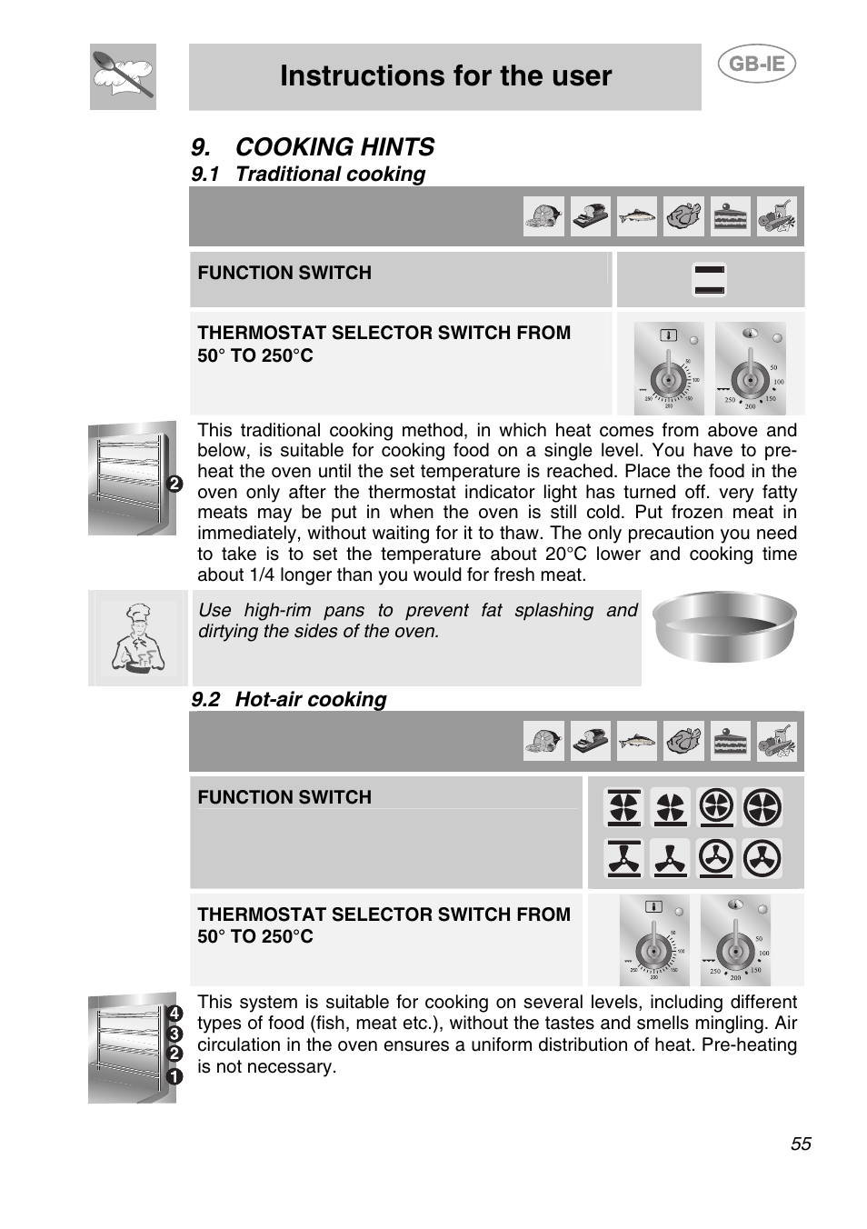 Cooking hints, 1 traditional cooking, 2 hot-air cooking | Instructions for the user, Function switch | Smeg A1-6 User Manual | Page 21 / 31