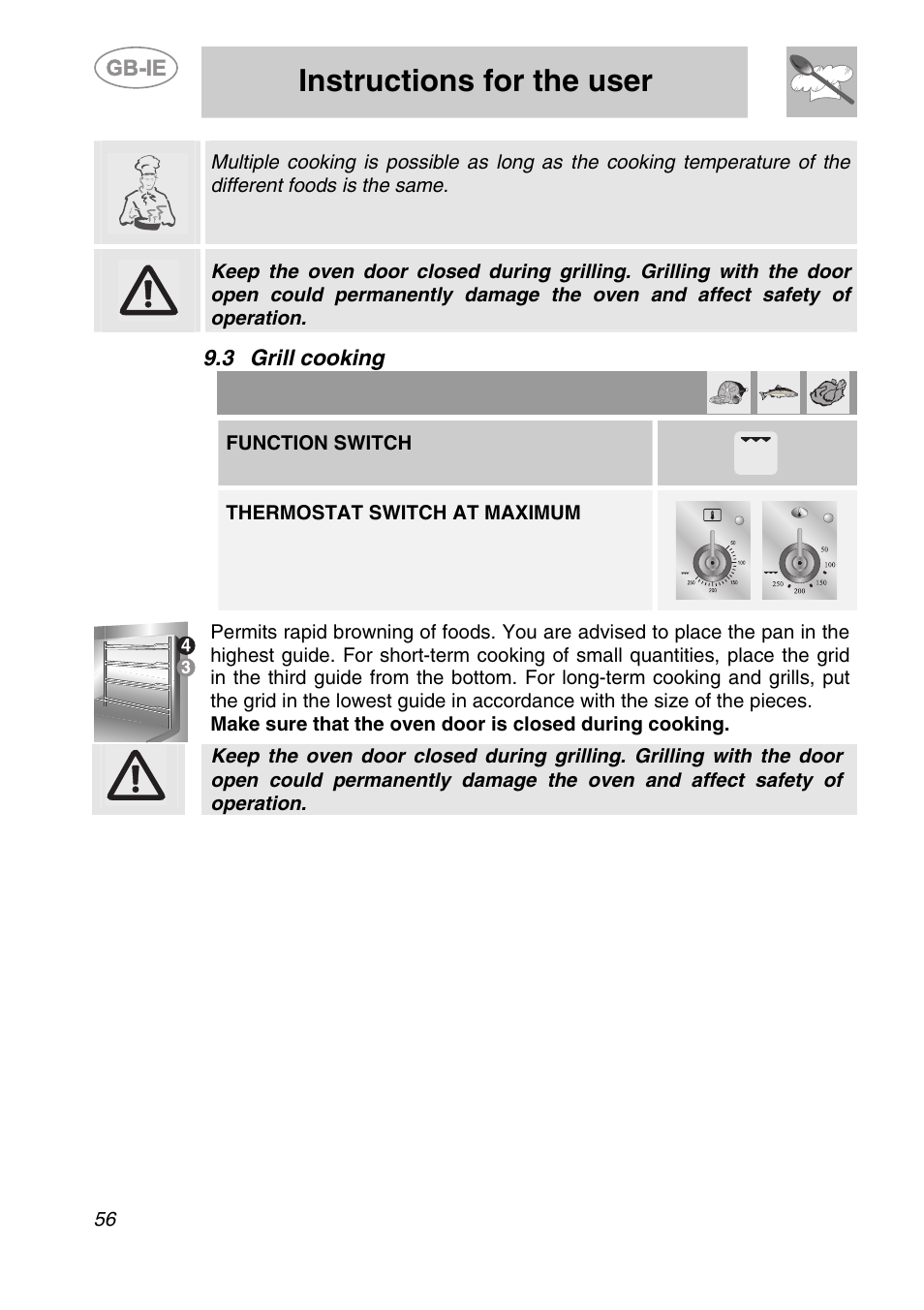 3 grill cooking, Instructions for the user, Function switch | Thermostat switch at maximum | Smeg A1-6 User Manual | Page 22 / 31