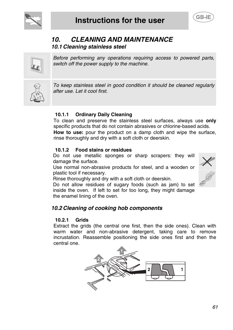 Cleaning and maintenance, 1 cleaning stainless steel, 1 ordinary daily cleaning | 2 food stains or residues, 2 cleaning of cooking hob components, 1 grids, Instructions for the user | Smeg A1-6 User Manual | Page 27 / 31